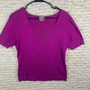 Clio‎ Purple short Sleeve Scoop Neck top vintage jewel ribbed stretchy